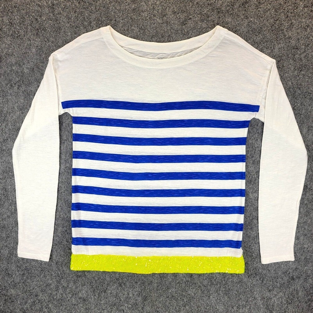 Ann Taylor Loft‎ Shirt Womens M Blue White Striped Yellow Sequin Nautical Preppy